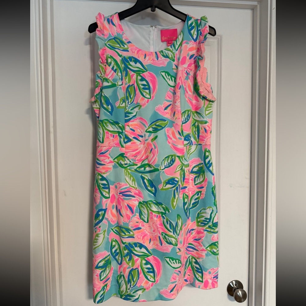 Lilly Pulitzer Aqua Floral Shift Dress with Pink Blooms